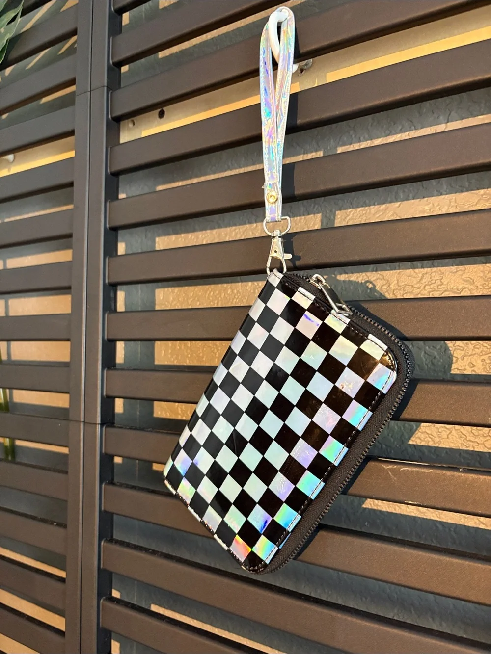 Holographic Checkered Wristlet Clutch - Black